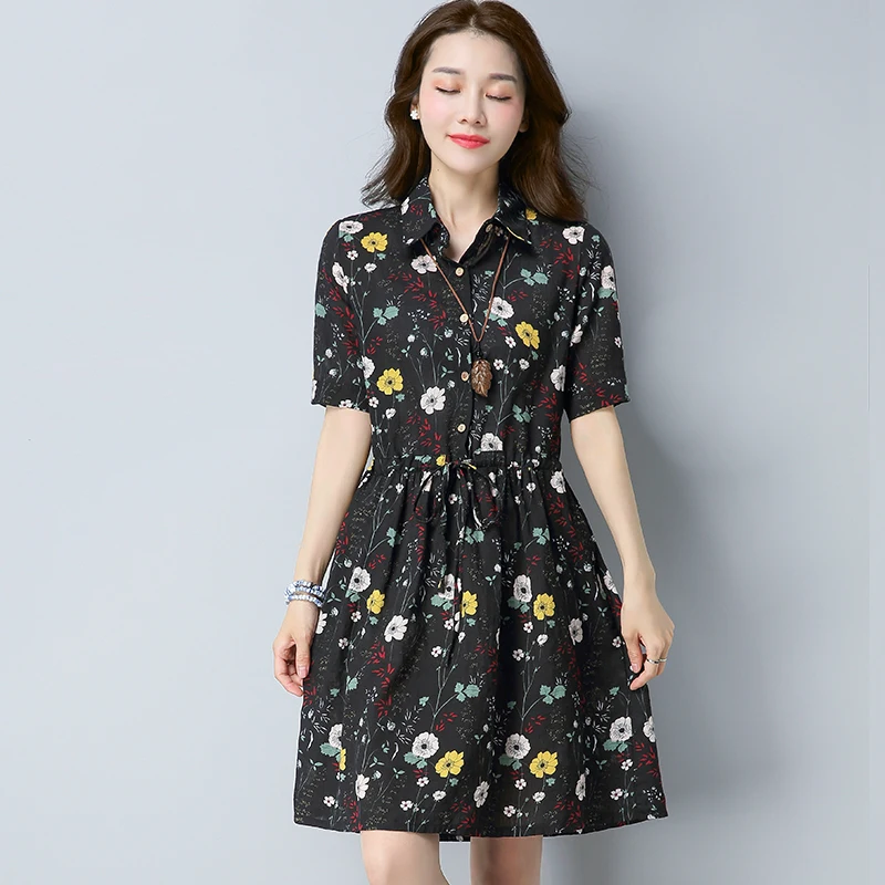 Летнее Плиссированное Платье #0305 из хлопка и льна с цветочным принтом для женщин