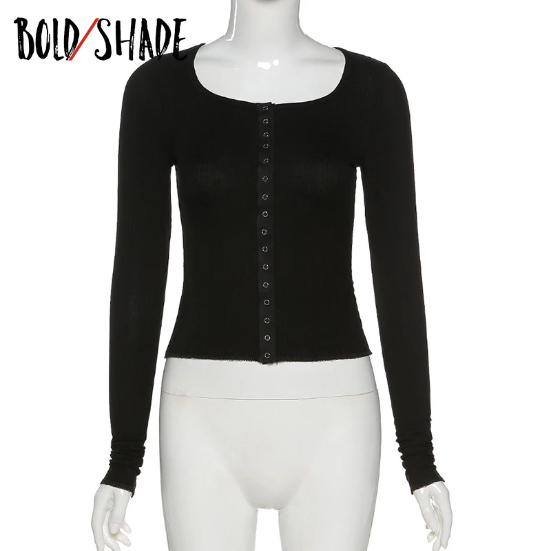 

Bold Shade Grunge Style Women Solid Button Long Sleeve T-shirts 90s Indie Fashion Slim Casual Streetwear New Trends Tshirt 2021