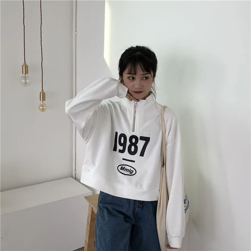 На Молнии Темно голубые с буквами принтом повседневная свободная воротником