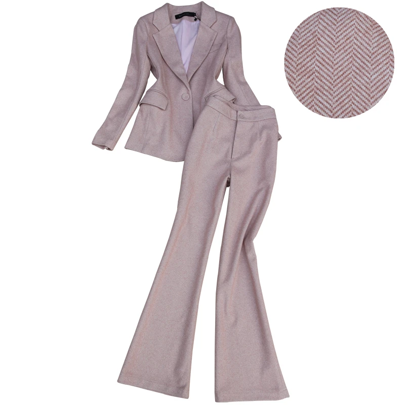 Женский офисный костюм новый модный Элегантный Приталенный шерстяной брюки-клеш