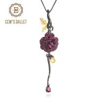 gems ballet natural rhodolite garnet pendant necklace for women 925 silver black 18k gold plated handmade rose flower