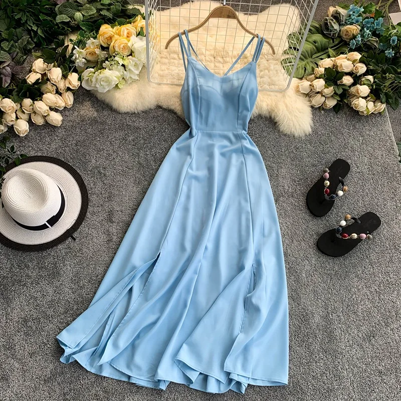 

New Ladies Sexy V Neck Backless was thin Dresses Summer Backless Split Slim Long Dress Women Casual Beach Holiday Vestidos