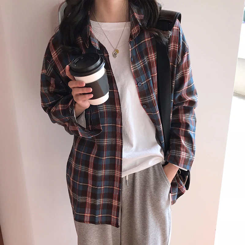 Женская клетчатая рубашка с длинным рукавом Повседневная Элегантная блузка в