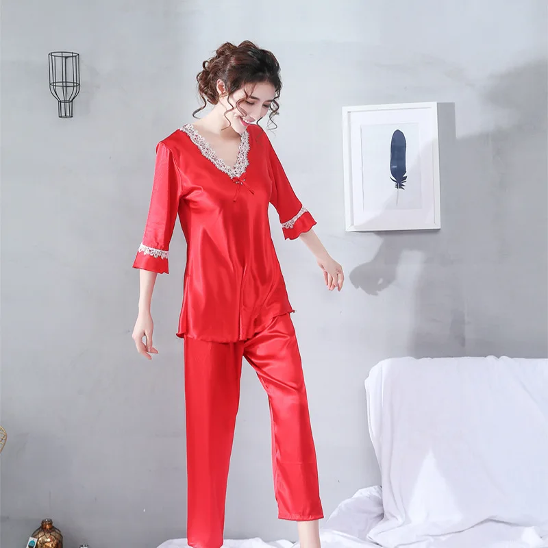 2021 New Women's Pajamas Lace Thin Home Clothes Ice Snow Silk Sexy Sleepwear 2Pcs Set Medium Sleeve Casual Nightwear Nightgown