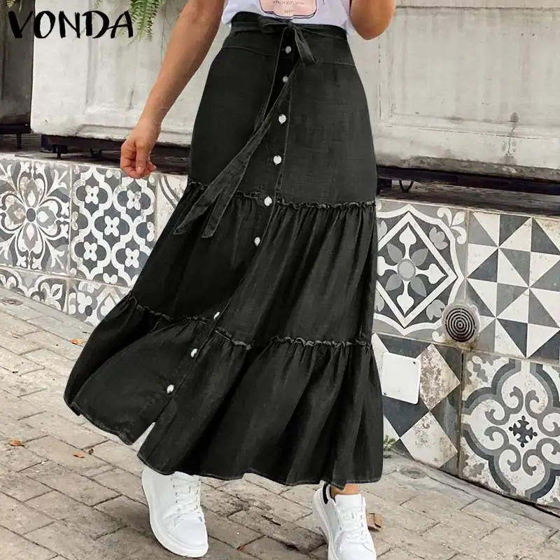 

2021 женская повседневная юбка VONDA, Весенняя Однотонная юбка-макси с завышенной талией и пуговицами, юбка трапециевидной формы, большие разме...