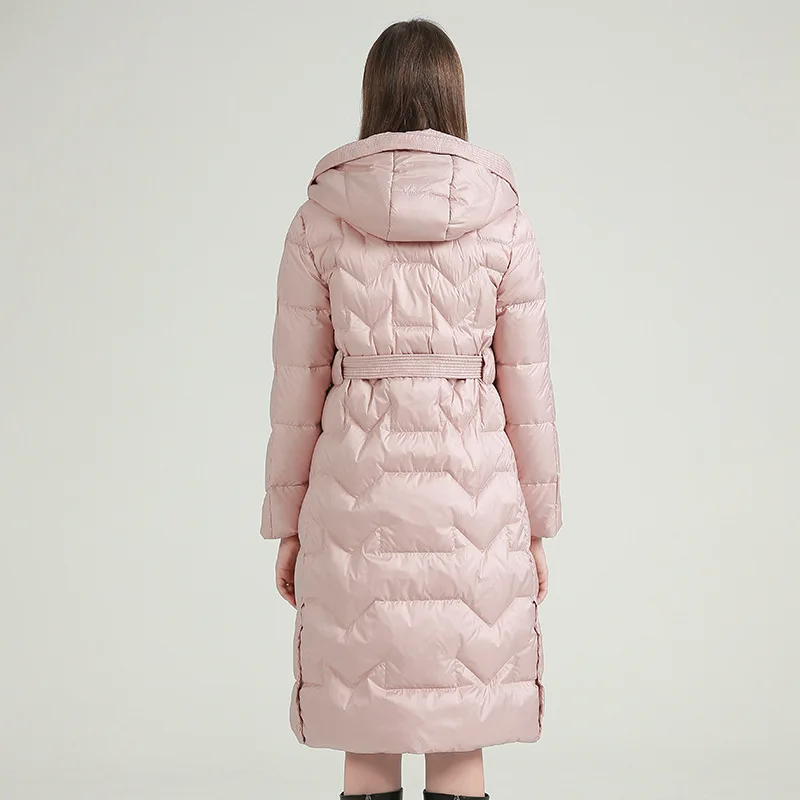 Women's down jacket long loose 2021 New version hooded waist lacing 90% white duck down fashionable High qualitywarm coat