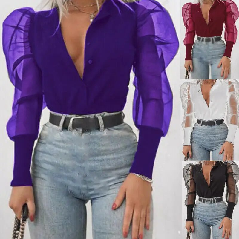 Women Sexy Long Sleeve Transparent Shirt Casual Blouse Mesh Sheer Tops Autumn Clothes V neck Blouses | Женская одежда