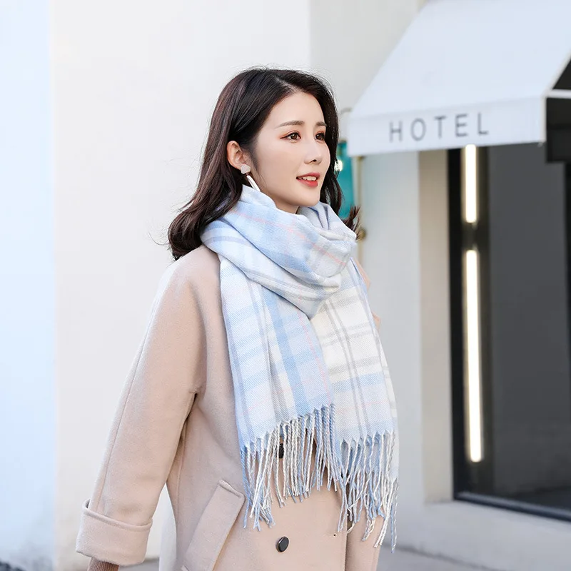 

Plaid scarf ladies autumn and winter color matching knit scarf warm stripes imitation cashmere shawl thick long scarf
