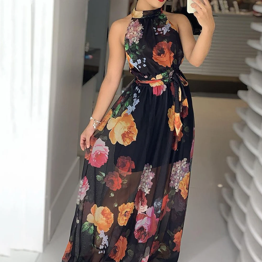 

Black Sexy Fashion Women Dress Flower Print Long Dresses Stand Collar High Waist A-line Vestidos Sleeveless Summer Perspective