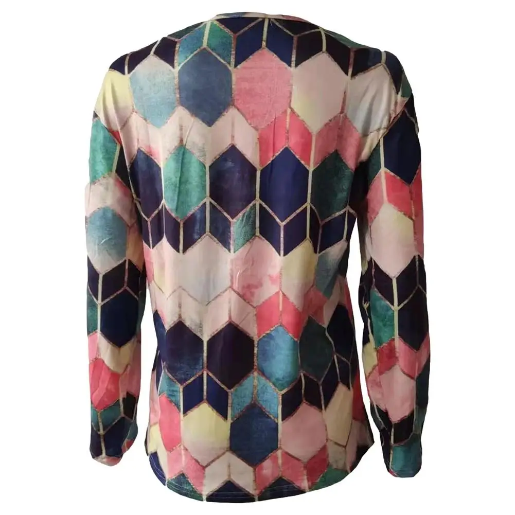 

Casual Vintage Vest Tops Women's Spring And Autumn Long Sleeved Fashion Blouse Geometric Print Zip V Neck T-Shirt 2021 Hot Sale