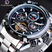 forsining classic black mens mechanical watch tourbillon automatic moon phase calendar military sport steel wristwatch relojes