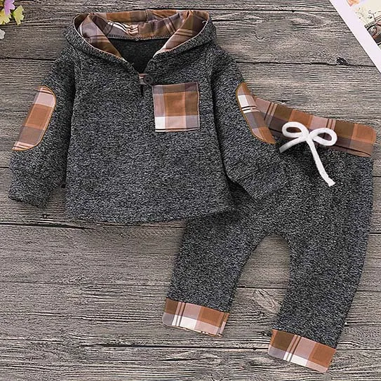 Gray PatPat/осенне-зимний хлопковый Повседневный клетчатый костюм для новорожденных; рубашка с длинными рукавами и капюшоном; брюки; костюм для малышей; костюм для ползания - Цвет: Gray