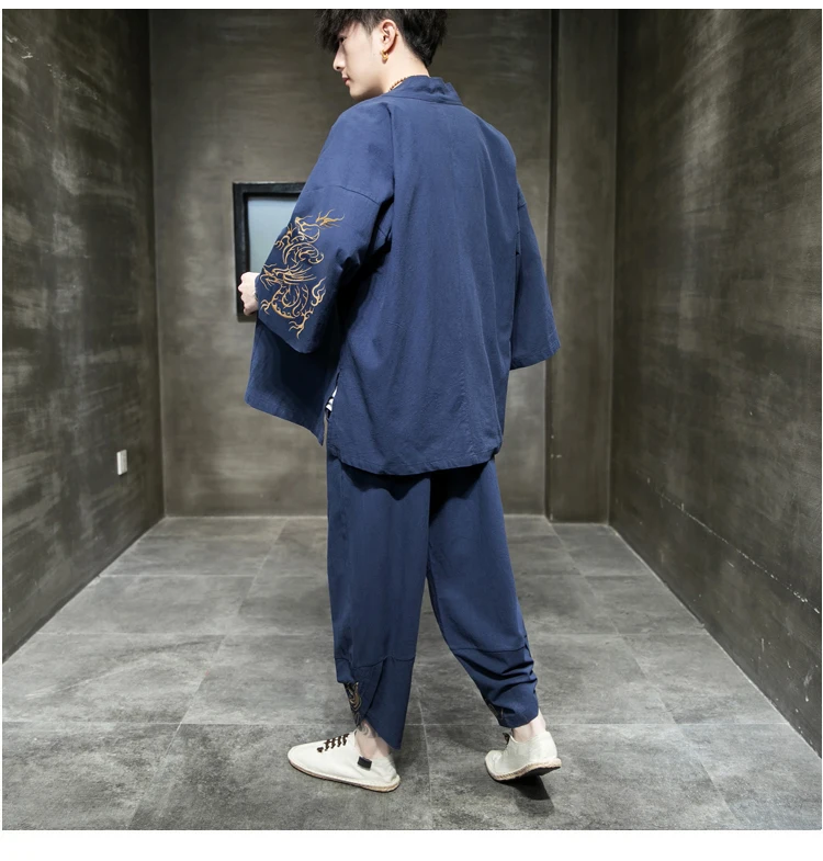 Мужские комплекты оригинальный хлопковый костюм Hanfu летняя вышитая Футболка