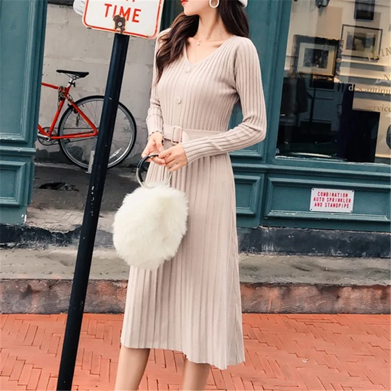 Женское платье-свитер, корейские женские свитера, Платья Vestidos De Fiesta, Женское шерстяное вязаное платье с высокой талией и v-образным вырезом, платья-кардиганы платья женские вязаное платье трикотажное платье