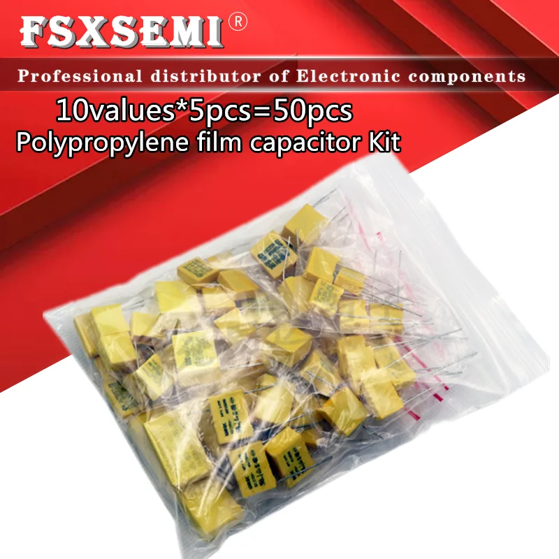 

10valuesx5pcs=50pcs Polypropylene film capacitor KIT X2 Safety Capacitor 275VAC 102K-105K 1NF~1UF Assorted Kit
