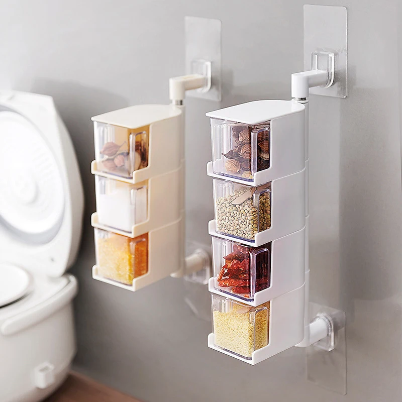 

Storage Containers Plastic Container Wall-Mounted Rotatable Condiment Box Kitchen Storage Box Multi-Layer Drawer Condiment Box