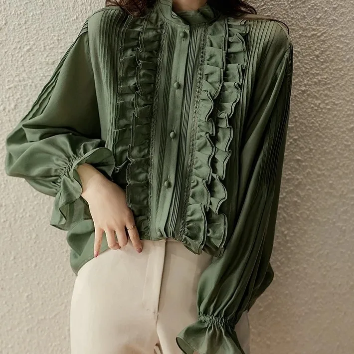 

Шифоновая женская блузка с круглым вырезом, рубашка для девочек, модный Свободный Повседневный однотонный топ с длинным рукавом, офисные же...