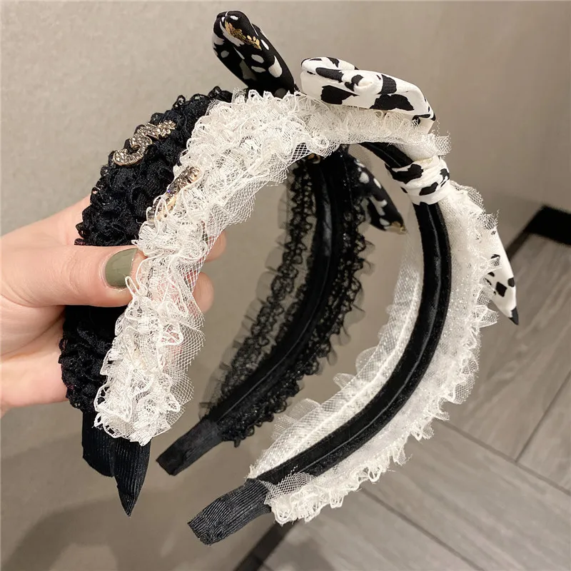 

Korean Style New Elegant Lace Mesh Floral Bowknot Wide Edge Rhinestone Retro Simple Headband for Women Fashion Hair Accessories