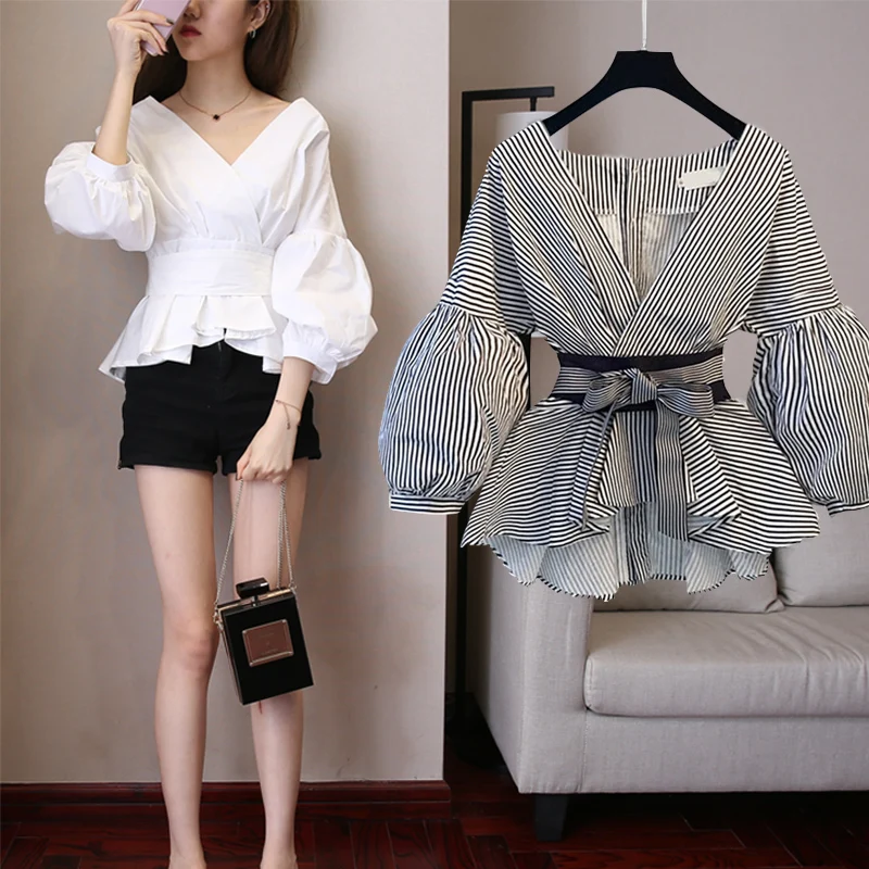 2019 хлопок женщин Блузка белый лук тонкий фонарь рукавами дизайн в полоску lady