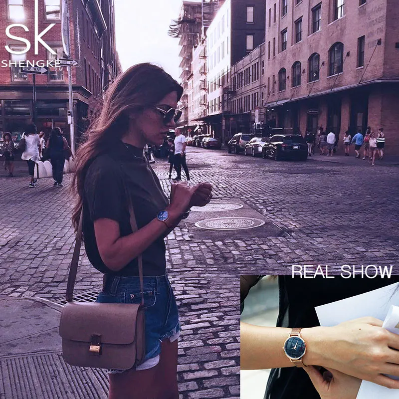 Часы наручные SK женские брендовые Роскошные с сетчатым браслетом розовое золото