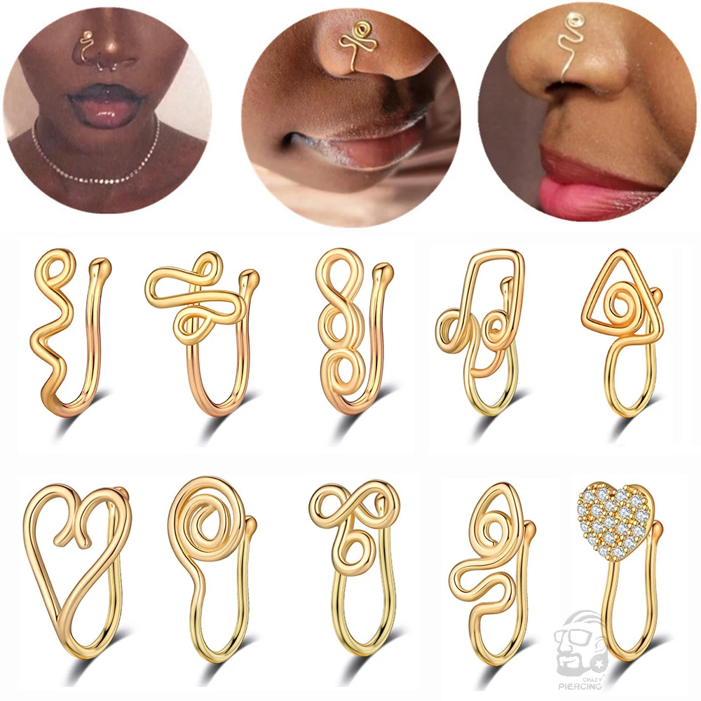 1pc Hypoallergenic Fake Nose Rings Inlaid CZ Heart Star Fake Piercing Nose Rings for Women Men Clip On Nose Cuff for Non Pierced