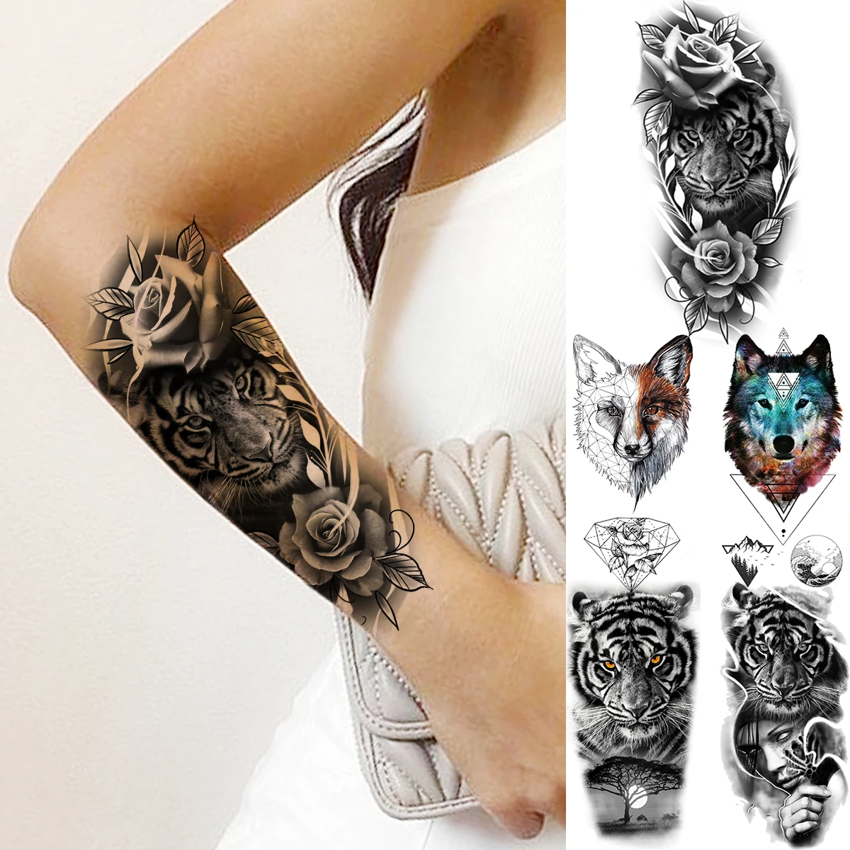 Временные татуировки для женщин и мужчин 3D тигр роза цветок геометрический волк