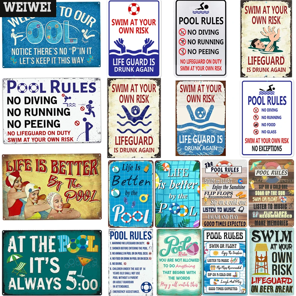 

Warning Sign Pool Rules Metal Poster Metal Signs Vintage Decor Pool Club Room Plates Wall Art Plaque Decorative Iron Painting