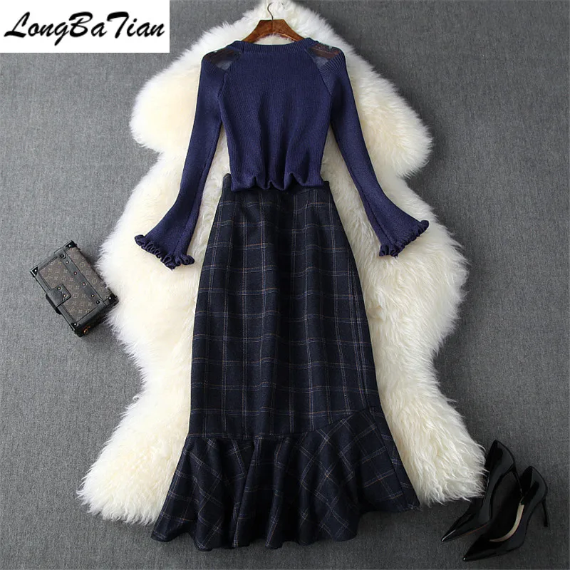 

New Winter Medium Long Flare Sleeve O Neck Pullover Ruffles Plaid Skirt 2 Piece Women Elegant Patry Dress Set