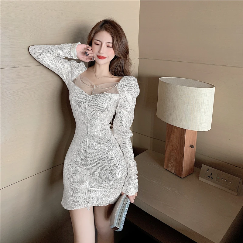

COIGARSAM Sexy Patchwork Women dress New Full Sleeve Sequins Mesh V-Neck Dresses Black White Apricot A8456