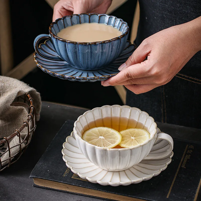 

Japanese Ceramic Coffee Mug Creative Chrysanthemum Shaped Coffee Cup Saucer Set Simple Retro Afternoon Tea Cup