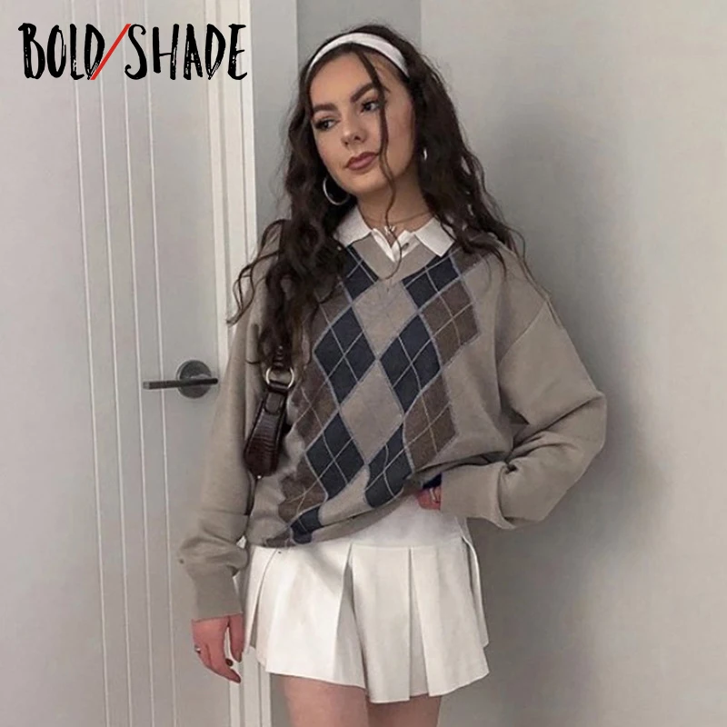

Bold Shade Argyle Goblincore Knit Pullover Sweaters V-Neck Long Sleeve Winter Pullover 90s Vinatge Fashion Women Indie Sweater