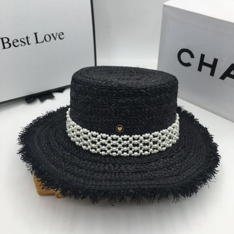 

Summer new lafite grass flat wide brim straw hat fashionable sweet black beach hat pearl on vacation sunhats