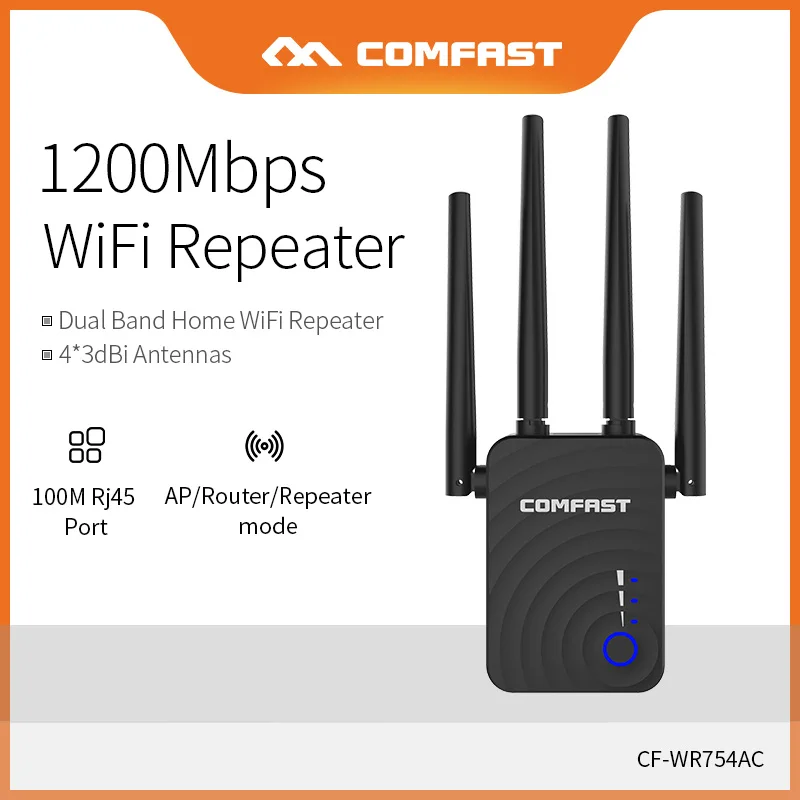 

COMFAST 1200Mbps Wireless WiFi Range Extender 2.4/5Ghz Dual Band Repeater Signal Booster with 4 Ethernet Antennas CF-WR754AC