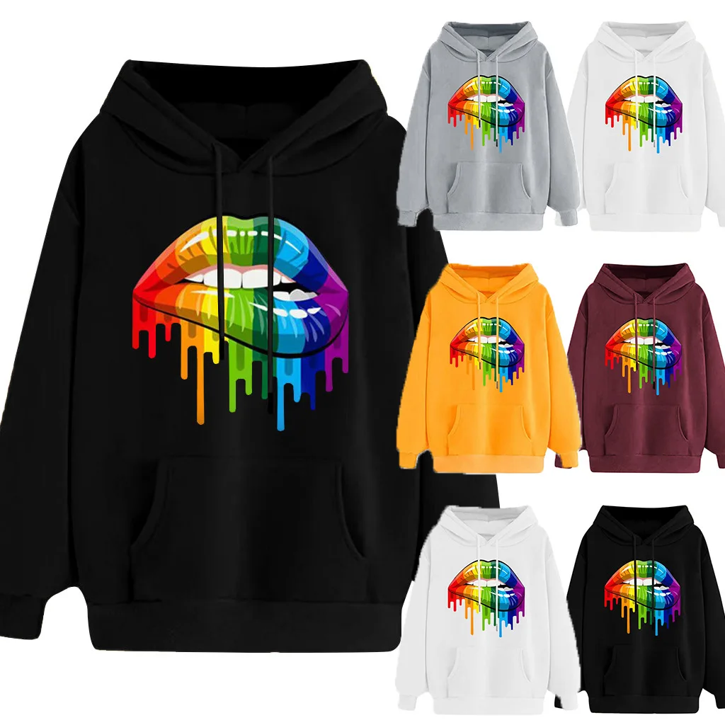 

2020 Women Lips Print Hooded Top Autumn New Pullover Stylish Long Sleeve Fashion Casual Warmming Loose SportsTops Daily Wear