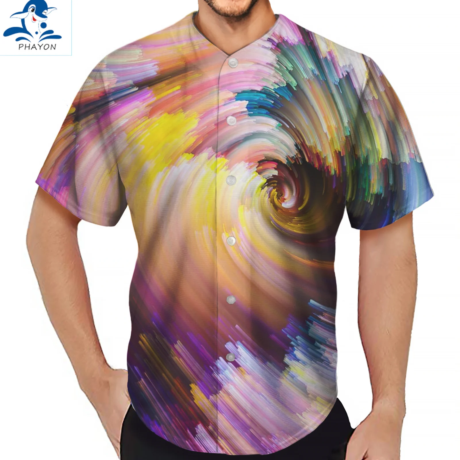 

PHAYON 2021 New Men Baseball T-Shirt Colorful Lines Summer Short Sleeve Baseball Jersey For Adult Button T-shirt Casual Clothes