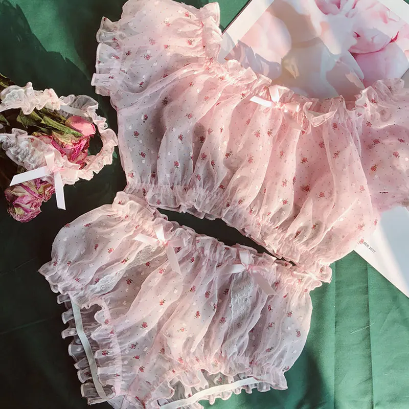 Женское сексуальное нижнее белье Babydoll цветочный милый искушение ультра-тонкий марлевый плиссированный с открытыми плечами рукава ноги кольцо сексуальная пижама - Цвет: QQNY65-pink
