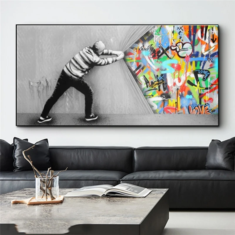 

Graffiti Art Wall Pictures Banksy Behind The Curtain Street Art Canvas Paintings On The Wall art Posters And Prints Home Quadros