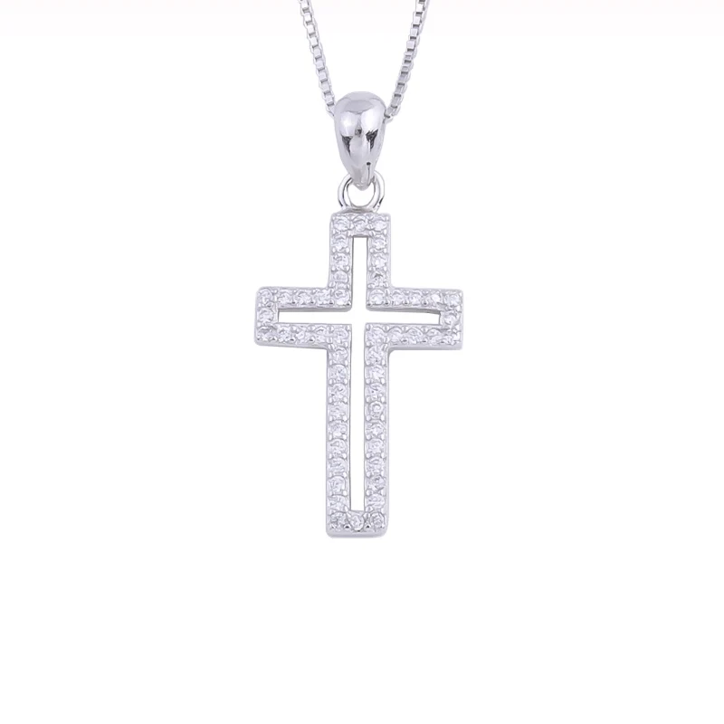 

Zircon Hollow Big Cross Female Pendants Classic 925 Sterling Silver Long Chain Collar Necklaces For Women Christ Jewelry