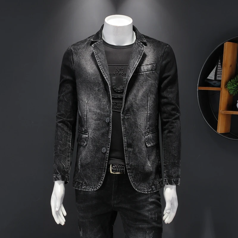 Пиджак мужской джинсовый хлопковый однобортный приталенный пиджак из денима с