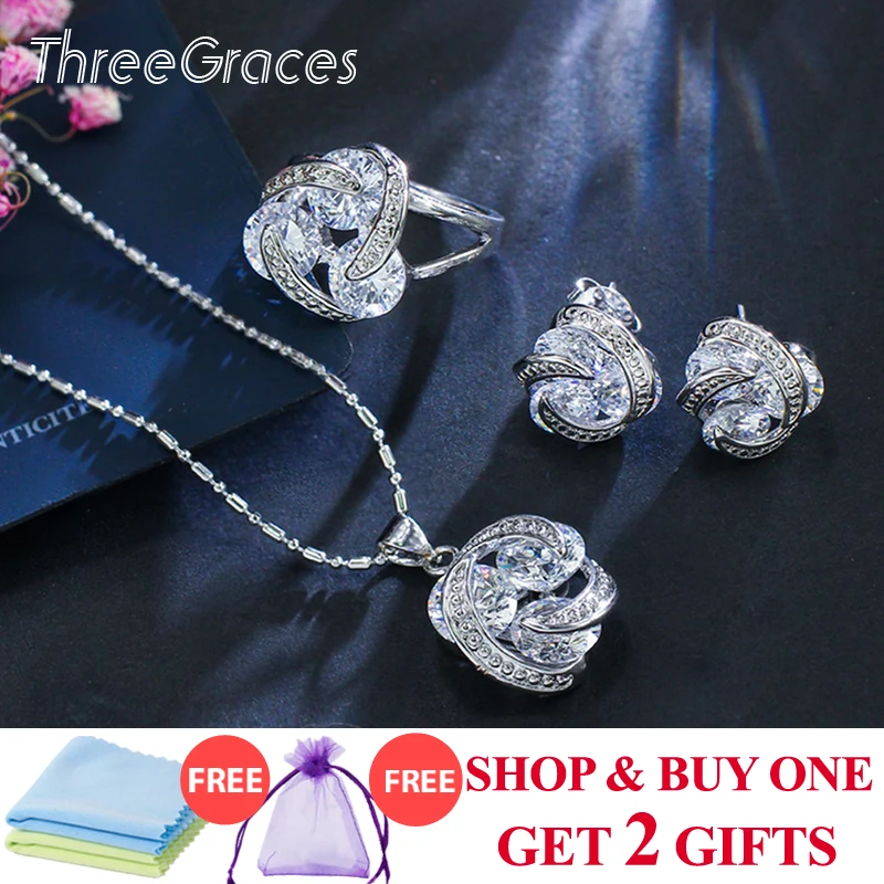 ThreeGraces, Новая мода 925, серебряные ювелирные наборы, кубический цирконий, узел, серьги, ожерелье и кольцо, набор для женщин, для танцев, вечерние, JS124