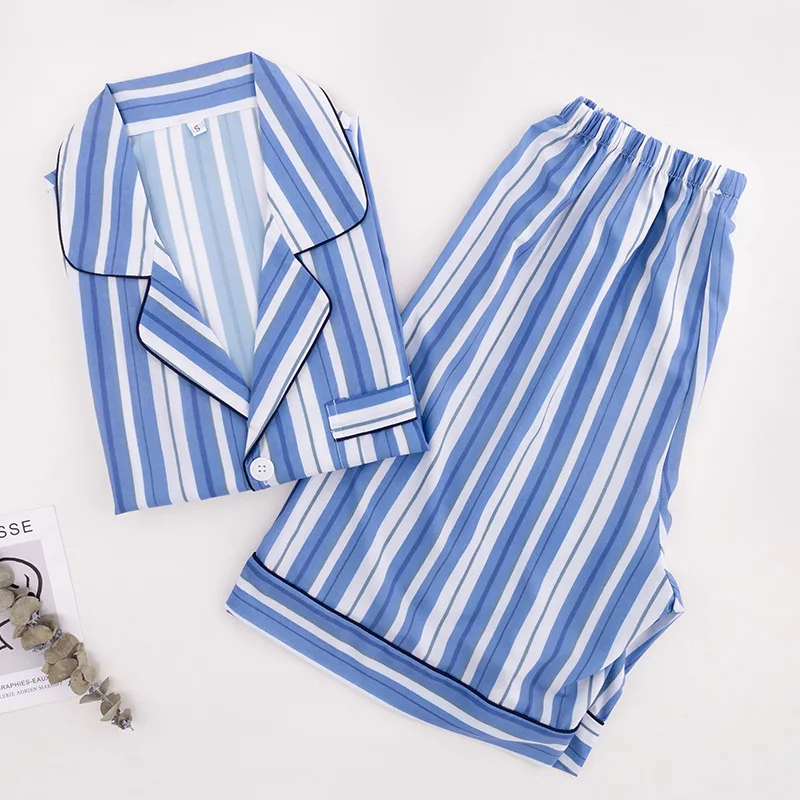 

Pyjama Short Homme Two Piece Set Summer Striped Schlafanzug Herren Shorts Pyjama Homme Satin Pajamas Men Home Service Suit