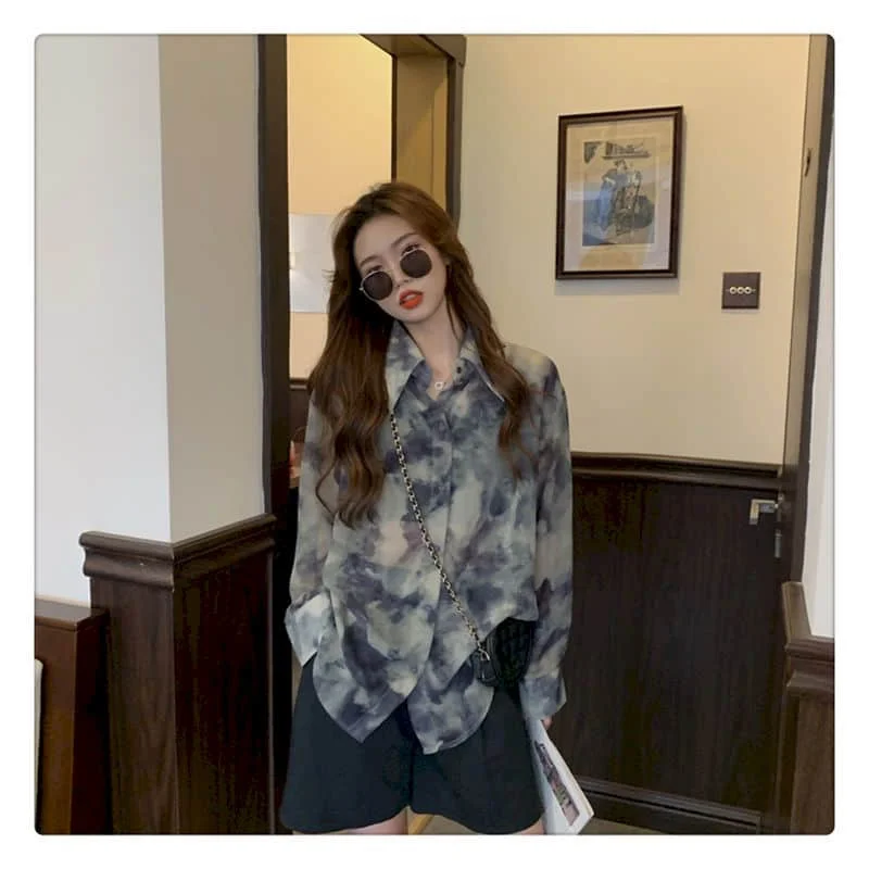 Блузка с длинными рукавами рубашка в Корейском стиле свободная поло воротником