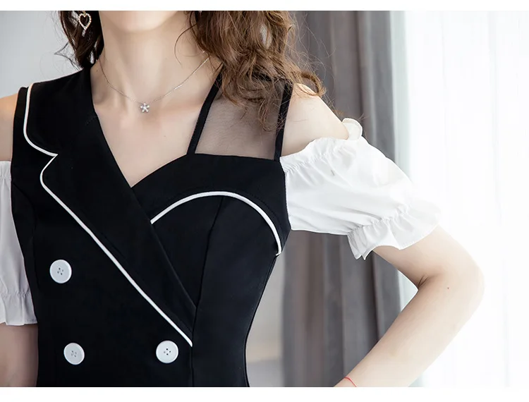 

BacklakeGirls 2020 Summer Lapel Neck Short Sleeve Suit Dress Black And White Dress + Black Shorts Two Pieces Dress Office Outfit