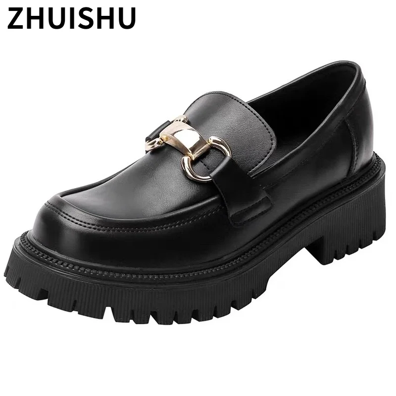 

2021 Shoes Women PU Leather Platform Shoes Casual Buckle Shoes Ladies Thick Sole Slip on Flats Creepers Oxford Leather Shoes