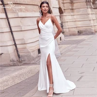 simple wedding dress with slit mermaid bride dresses spaghetti straps backless crepe sexy bridal gowns vestidos de noiva 2022