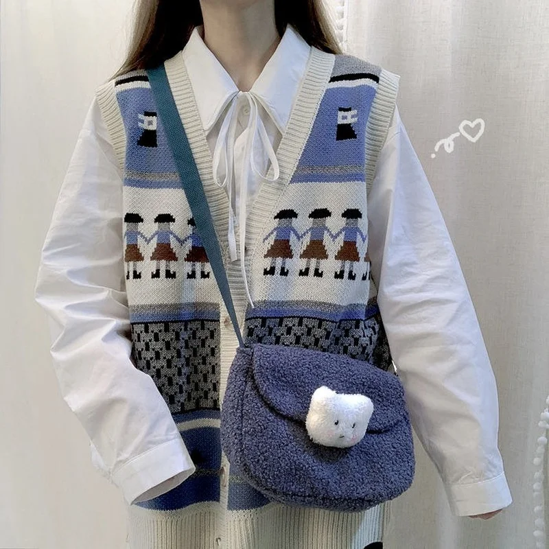 

Girl fashion temperament new knitted vest cardigan loose sleeveless v-neck sweater female cartoon pattern all-match casual top