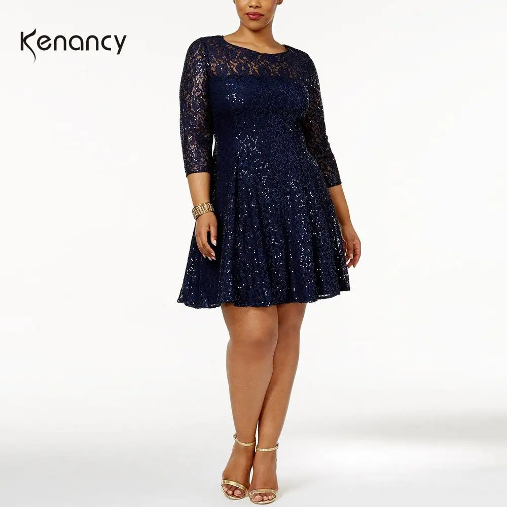 Kenancy размера плюс женское ретро платье с О образным вырезом 3/4 рукав блестки