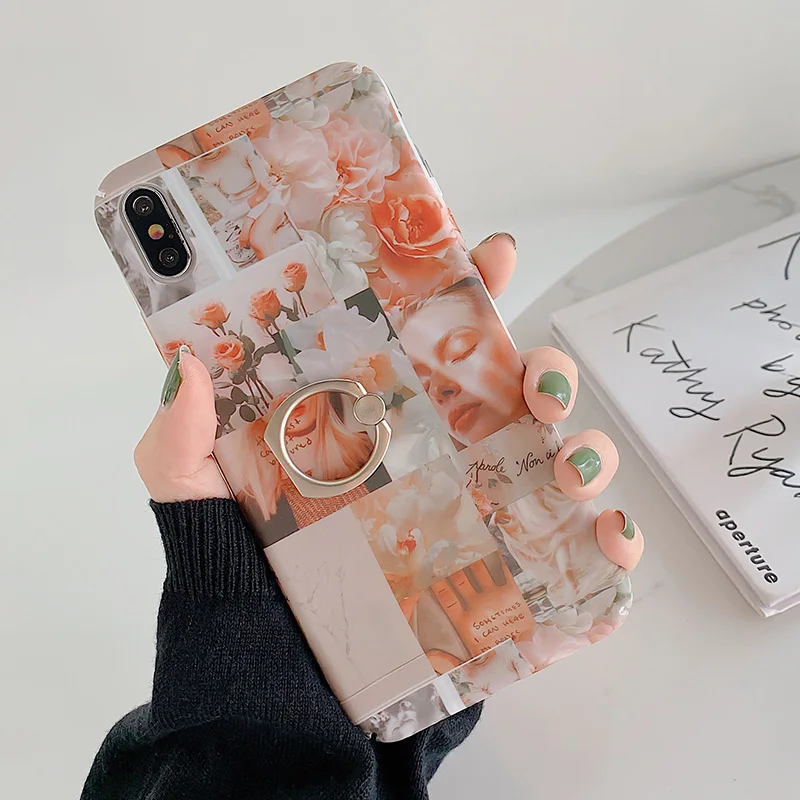 IK68-OPinkRoseChaHua SoCouple чехол с кольцом для iphone X 11 Pro Max чехол для iphone XR Xs max 7 8 6 6s plus растительный лист узор накладка держатель для телефона - Цвет: IK68-OPinkRoseChaHua