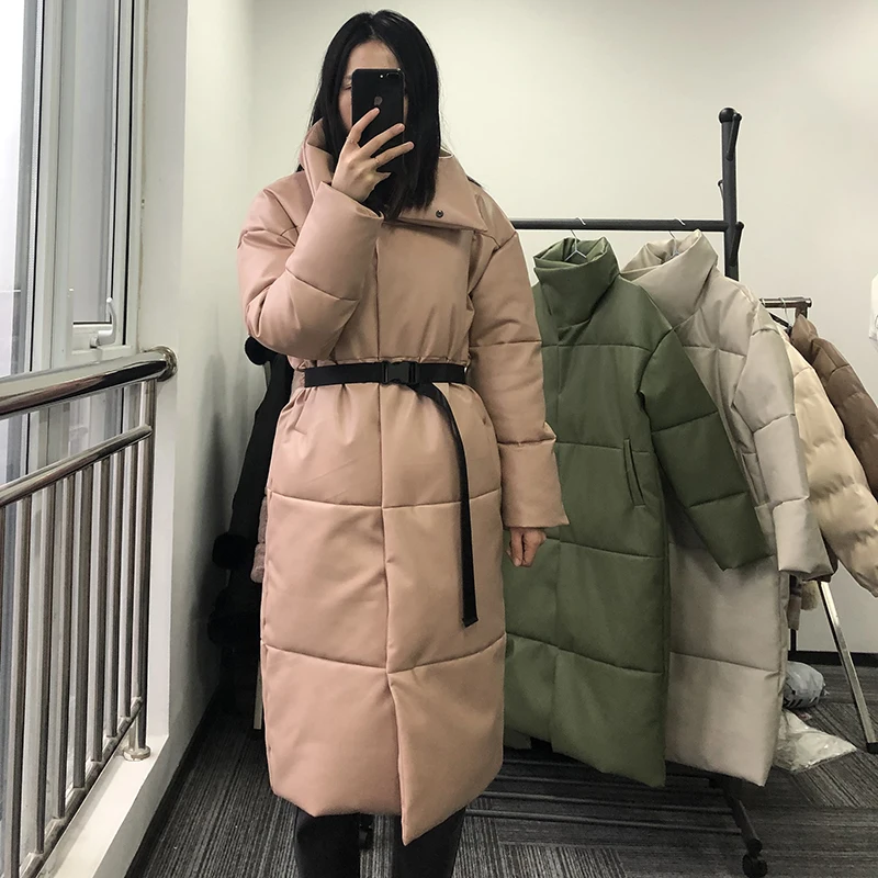 

Winter Warm Leather Parkas Women Fashion Straight Loose Pockets Coats Women Elegant Long Cotton Jackets Female Ladies