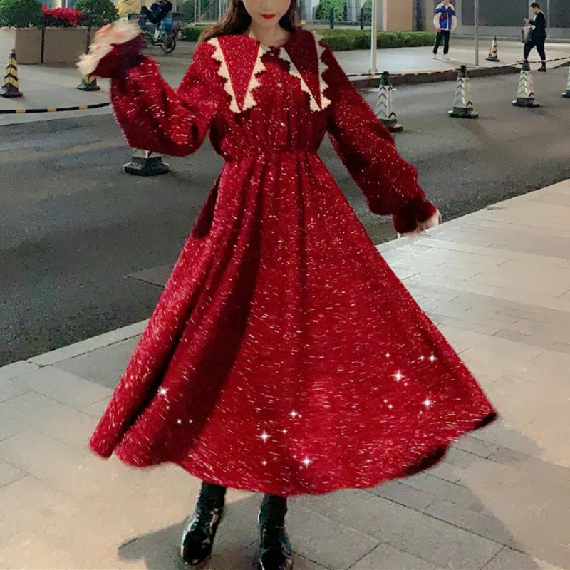 

Red Christmas Dress Women Autumn Elegant Retro Party Midi Dress Female Casual French Sweet Sequin Dress Fall 2021 Women Clothing